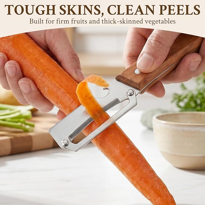 2026 Upgrade Vegetable Peeler and Julienne Peeler Set, Stainless Steel Vegetable Peelers for Kitchen with Wood Handles and Bottle Opener, 2-Pcs Multifunctional Vegetable Peeler Set