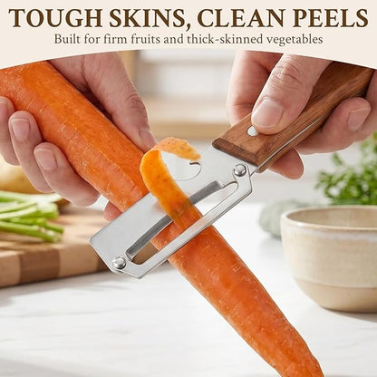 2026 Upgrade Vegetable Peeler and Julienne Peeler Set, Stainless Steel Vegetable Peelers for Kitchen with Wood Handles and Bottle Opener, 2-Pcs Multifunctional Vegetable Peeler Set
