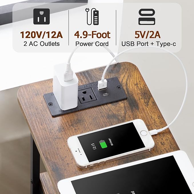 Narrow End Table Living Room with Charging Station, Skinny Side Table with Fabric Drawers, Slim LED Nightstand for Bedroom, Small Spaces, Couch, Brown, HETNDP03LBR-1