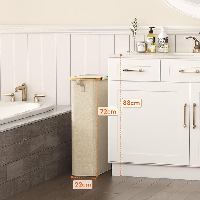 Lifewit 65L Slim Laundry Hamper with Lid, Narrow Laundry Basket with Removable Bag & Bamboo Handles, Fodable Thin Dirty Clothes Hamper for Laundry Collapsible Bin for Bathroom Bedroom Dorm, Beige