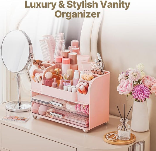 Makeup Organizer with Brush Holder, Makeup Organizer Countertop with 2 Drawers, Make up Organizers for Vanity, Vanity Organizer, Makeup Storage For Skin Cares,Makeup Brushes,Lipsticks,Perfumes(Pink)