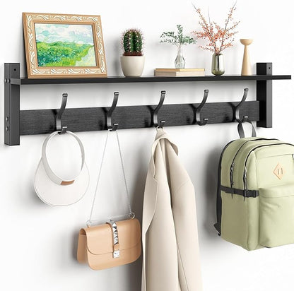 Coat Rack Wall Mount with Shelf, 29 Inch Coat Hanger Walls Mounted, Hat Rack for Walls, Shelf with 5 Coat Hooks, Wall Hanger for Entryway (Black)