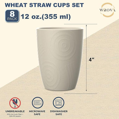 Wrova Wheat Straw Cups 8 PCS Good Alternative to Plastic Reusable Cups 12 oz Unbreakable Drinking Cup Reusable Dishwasher Safe Water Plastic Glasses (Beige)