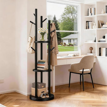 Solid Wood Rotary Coat Rack, Coat Rack Freestanding with 3 Storage Shelves & 9 hooks, Coat Tree for Entryway, Livingroom, Bedroom, Coat Hanger Stand for Coats, Scarves, Handbags, Hat (Black)