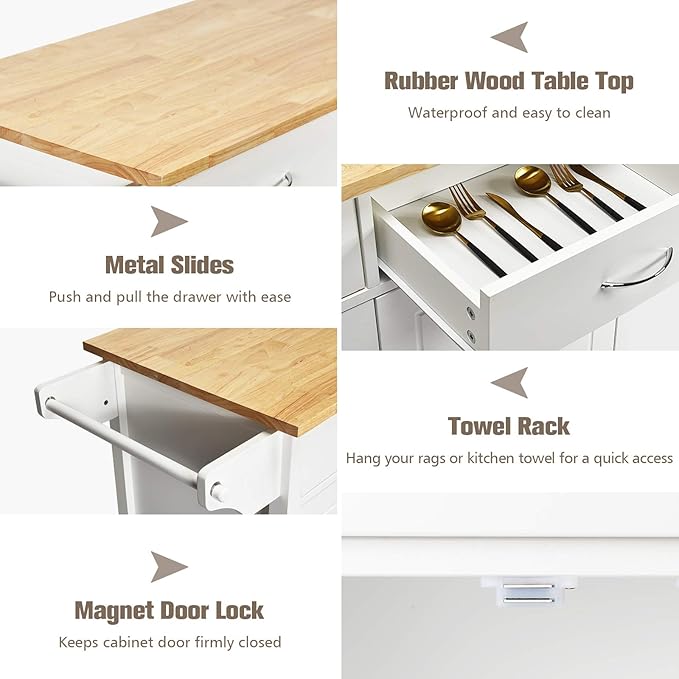 NAFORT Rolling Kitchen Island Cart on Wheels, Utility Trolley Cart Bar Serving Cart w/Rubber Wood Top, Handle Rack, Storage Cabinet and Drawers for Home Kitchen Dining Room, White