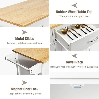 NAFORT Rolling Kitchen Island Cart on Wheels, Utility Trolley Cart Bar Serving Cart w/Rubber Wood Top, Handle Rack, Storage Cabinet and Drawers for Home Kitchen Dining Room, White