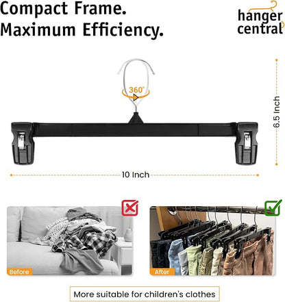 10 Inch 30 Pack Youth Pants Hangers Slim Plastic Clothes Hangers with Clips for Skirts, Shorts & Trousers Non Slip Grip, Heavy Duty Space Saver with Swivel Hook Black Organizer