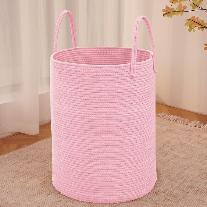 JMvicyroam Large Woven Laundry Basket Hamper,100L Cotton Rope Storage Bin for Blankets,Toys and Clothes,Decorative Tall Nursery Hamper for Living Room,Baby Nursery,Bathroom and Bedroom,Pink