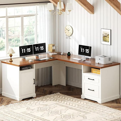 Unikito Farmhouse L Shaped Executive Desk with File Drawers, 60" Corner Computer Desk with Power Outlets, Large 2 Person Home Office Table with Storage Cabinet, Sturdy Writing Desk, White and Brown