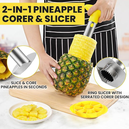 CUNSENR Premium Pineapple Corer and Slicer Tool - Pineapple Cutter with Sharp Serrated Tips - Easy to Use & Clean - Stainless Steel Core Remover for Pineapple - Slice and Core Fruits with Ease(Yellow)