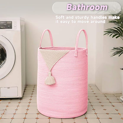 JMvicyroam Large Woven Laundry Basket Hamper,100L Cotton Rope Storage Bin for Blankets,Toys and Clothes,Decorative Tall Nursery Hamper for Living Room,Baby Nursery,Bathroom and Bedroom,Pink