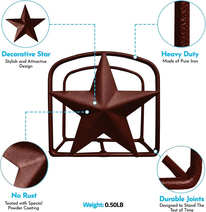 Brown Rustic Texas Star Paper Towel Holder, Napkin Holder, Salt and Pepper Shakers Holder, Country Farmhouse Iron Kitchen Counter Accessory Set Holders (Napkin Holder)
