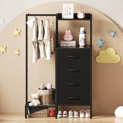 Yoobure Black Dresser with Hanging Rack - Small Closet with 4 Fabric Storage Drawers, 44" H Dresser with Clothes Rack, Chest of Drawer, Kids Dressers for Bedroom, Entryway, Living Room, Sturdy Frame