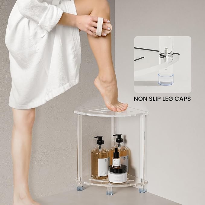 Sumerflos Acrylic Corner Shower Stool for Inside Shower, Clear Small Shower Bench for Shaving Legs Seating Waterproof Heavy Duty Assemble Modern (Clear, 11.81" D x 11.81" W x 18.11" H)