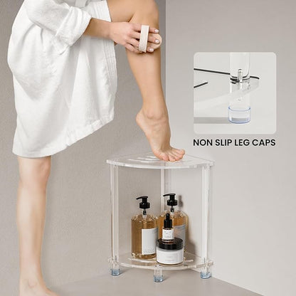 Sumerflos Acrylic Corner Shower Stool for Inside Shower, Clear Small Shower Bench for Shaving Legs Seating Waterproof Heavy Duty Assemble Modern (Clear, 11.81" D x 11.81" W x 18.11" H)