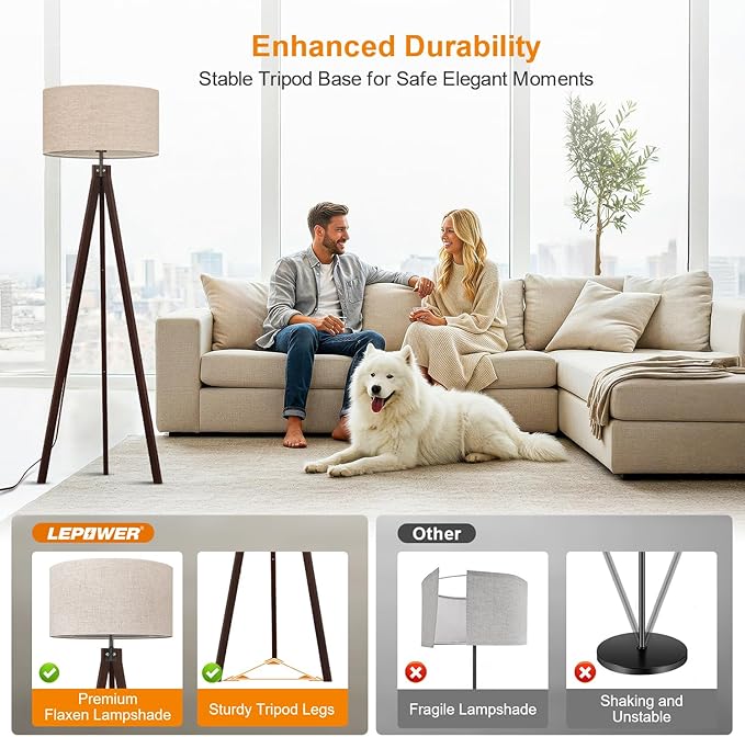 LEPOWER Wood Tripod Floor Lamp, Mid Century Standing Lamp, Modern Design Studying Light for Living Room, Bedroom, Study Room and Office, Flaxen Lamp Shade with E26 Base Walnut