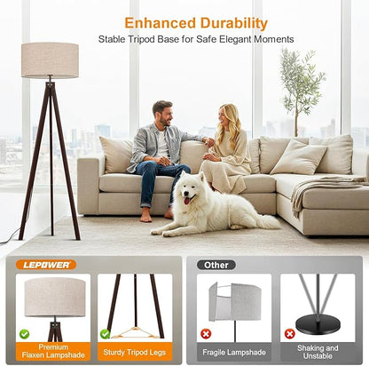 LEPOWER Wood Tripod Floor Lamp, Mid Century Standing Lamp, Modern Design Studying Light for Living Room, Bedroom, Study Room and Office, Flaxen Lamp Shade with E26 Base Walnut