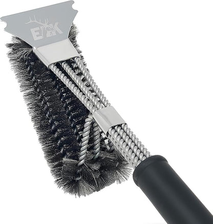 ELK Triple Head Grill Brush - Fast and Efficient BBQ Grate Cleaning Tool with Durable Stainless Steel Bristles - Safe for Porcelain Coated Grates - Ultimate Grime Remover for Quick and Easy Grilling