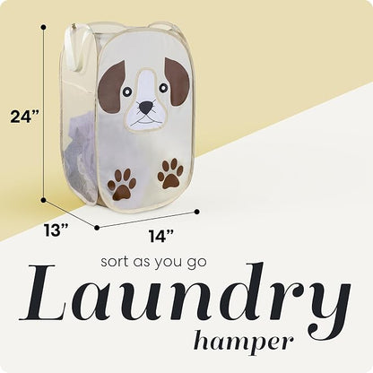 Pop Up Laundry Hamper, Cute Puppy Collapsible Mesh Basket 71L with Reinforced Handles and Side Pocket - Foldable Pop Up Hamper for Dorm, Travel, Kids Room - Handy Laundry (Puppy)