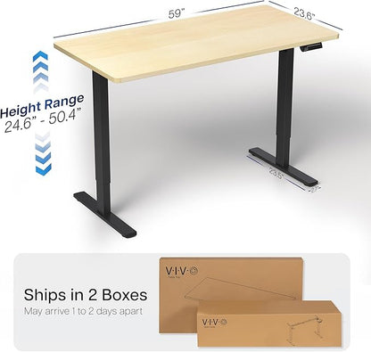 VIVO Electric 60 x 24 in Dual Motor Sit Stand Desk, Memory Height Adjustment, 2B Series, Light Wood Top Black Frame, DESK-KIT-2B6C