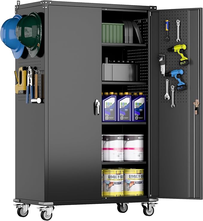 43.3''W x 22''D x 72''H Wide and Deep Garage Storage Cabinet with Wheels & Pegboard & 9 Hooks, Lockable Metal Storage Cabinet with 2 Doors and 4 Adjustable Shelves for Garage, Home, Black