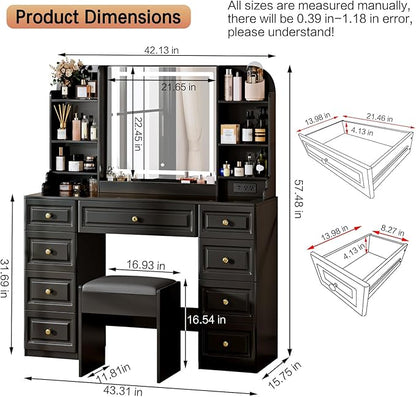 43" Makeup Vanity Desk with Mirror and Lights, & Power Outl, Glass Top Big Vanity Table with 9 Drawers& 8 Storage Shelves, Dressing Table Set with Chair for Bedroom, Black
