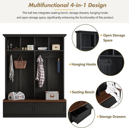 Merax Farmhouse Wood Hall Tree with Bench and Storage Drawers, 4-in-1 Coat Rack with 6 Hooks for Entrance, Hallway Black