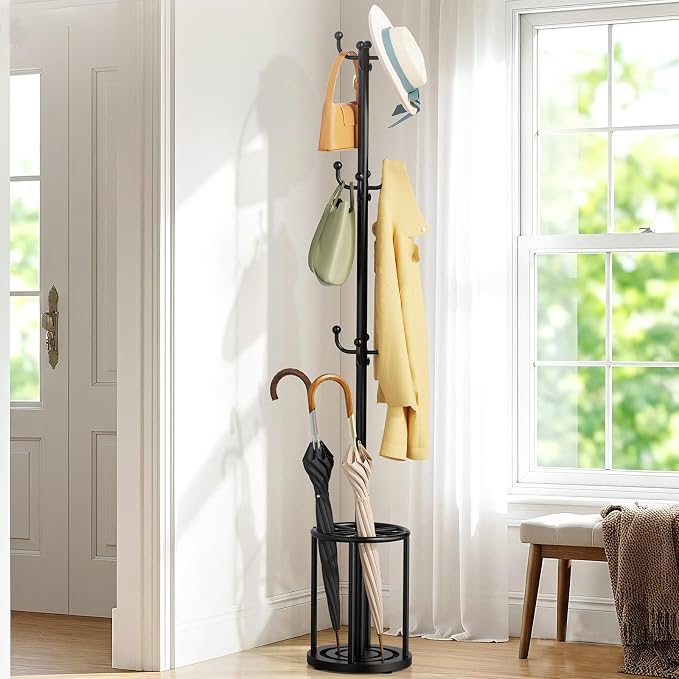 Coat Rack Freestanding, Black Coat Rack with Umbrella Holder, standing hat rack umbrella stand for entryway, coat hanger stand with 12 Hooks, office coat tree for Hat, Umbrella, jacket, Bag, Clothes