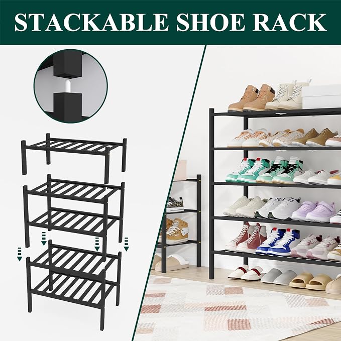 Smiry Long Bamboo Shoe Rack, 6 Tier Free Standing Wooden Shoe Organizer, Stackable Wood Shoe Storage Shelf for Closet, Entryway, 12 Vertical Slats, 2+2+2 Stack Standard Legs, 33.7"x11"x39", Black