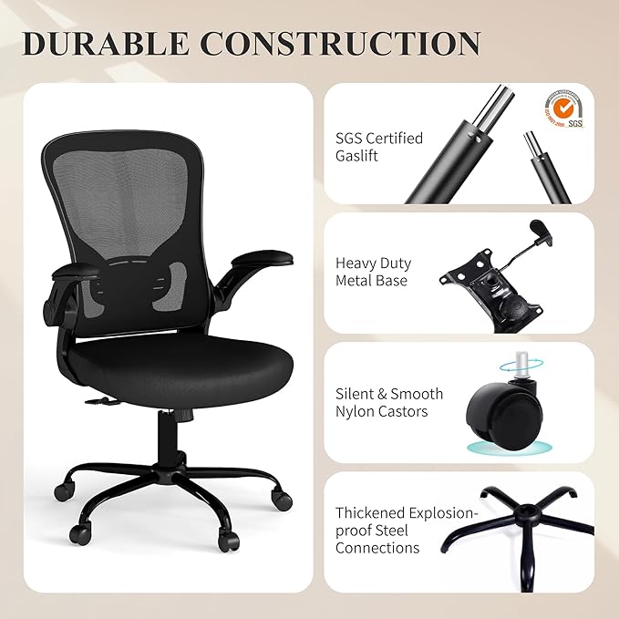 Flysky Mesh Office Chair, Ergonomic Computer Desk Chairs for Home Office - with Comfy/Comfortable Flip-up Arm Rests, Lumbar Support, Height Adjustable, 360 Degree Rolling Swivel (Black)