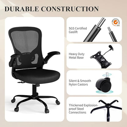Flysky Mesh Office Chair, Ergonomic Computer Desk Chairs for Home Office - with Comfy/Comfortable Flip-up Arm Rests, Lumbar Support, Height Adjustable, 360 Degree Rolling Swivel (Black)