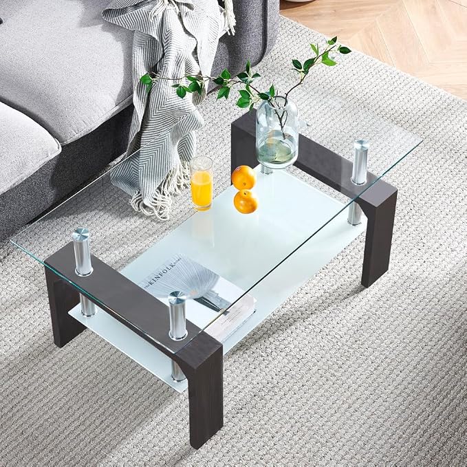 Btrpily Walnut Rectangular Coffee Table, 39.5in x 23.5in x 17.5in, Glass Tabletop with Lower Shelf, Adjustable Bottom Corners