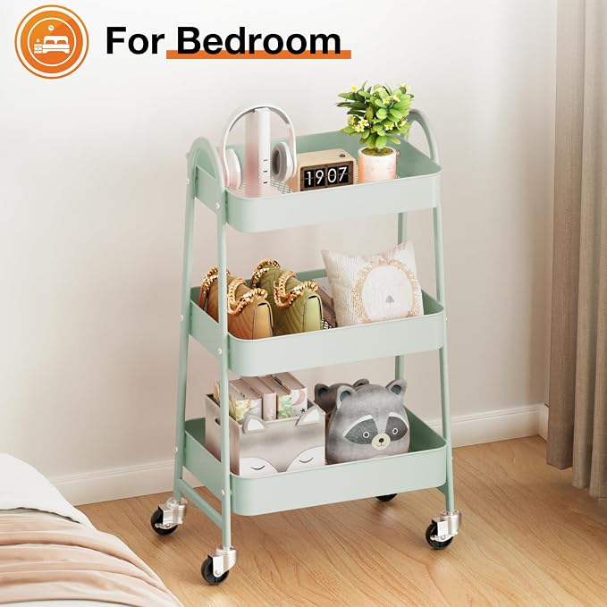 NEWBULIG 3-Tier Metal Rolling Cart with Lockable Wheels, Heavy Duty Mobile Utility Storage Shelf, Roller Book Snack Cart, Organization for Livingroom, Bathroom, Office, Green