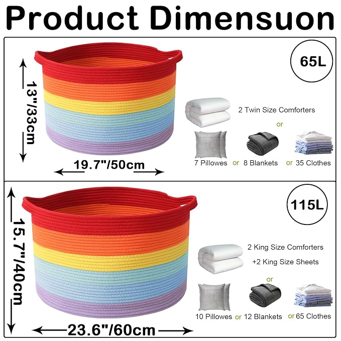 115L Large Blanket Basket,23.6" L x 23.6" W x 15.7" H Rope Woven Baskets with Handles, Toys Storage Bins,Laundry Basket Perfect for Living Room, Nursery,Bedroom,Home Organization,Rainbow