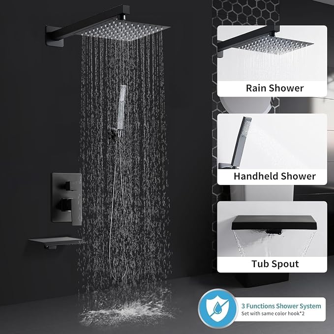 Matte Black Shower Faucet 12 Inch Set with Tub Spout, Shower Head and Handle with 2 Hooks Rain System Square Wall Mount for Bathroom