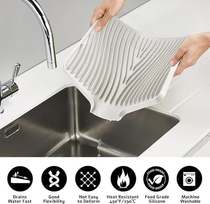 TIKNIK Silicone Dish Drying Mat for Kitchen Counter - Heat Resistant & Non-Slip Dish Drain Pad with Built-In Drain, Dishwasher Safe, Quick-Dry, Hangable & Roll-Up for Storage, Cream-2pcs, 16" x 12"