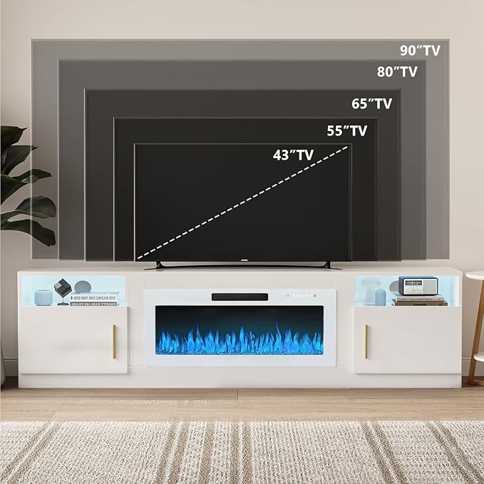 VITESSE TV Stand Fireplace with 36" inch Electric Fireplace Up to 90" TVs, LED Light Entertainment Center, 80" Modern Wood High Gloss with Highlight Storage Cabinet for Living Room (White)