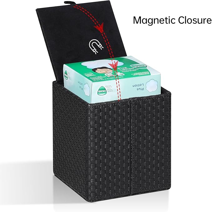 Square Tissue Box Cover, Stylish Leather Tissue Box Holder with Magnetic Bottom, Used As A Decorative Tissue Holder for Living Rooms, Bedrooms, and Desks(Black Woven Pattern)
