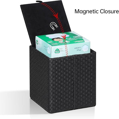 Square Tissue Box Cover, Stylish Leather Tissue Box Holder with Magnetic Bottom, Used As A Decorative Tissue Holder for Living Rooms, Bedrooms, and Desks(Black Woven Pattern)