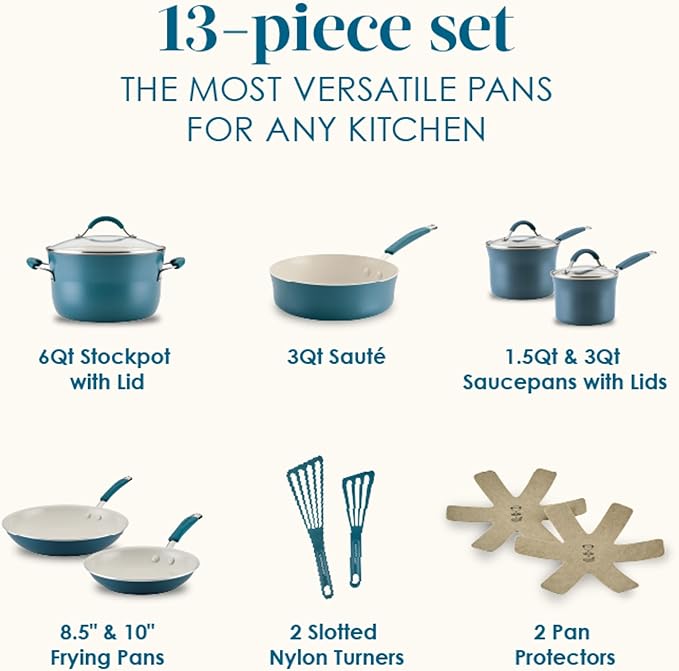 Rachael Ray Cucina Ceramic Cookware Set - 13 Pieces - Ceramic Pots and Pans Set w/Nonstick Frying Pans, Saute Pan, Saucepans, Stockpot, Lids, Pan Protectors - Marine Blue