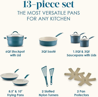 Rachael Ray Cucina Ceramic Cookware Set - 13 Pieces - Ceramic Pots and Pans Set w/Nonstick Frying Pans, Saute Pan, Saucepans, Stockpot, Lids, Pan Protectors - Marine Blue