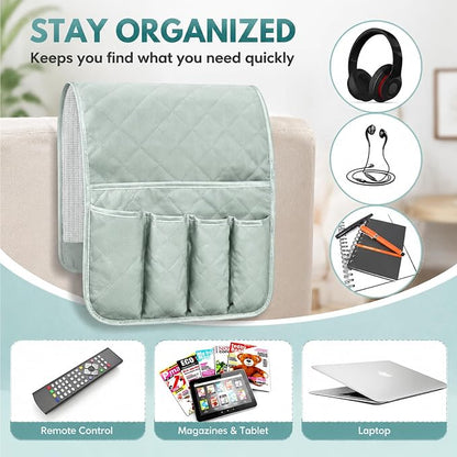 Armchair Caddy for Recliner, Couch Caddy Storage Organizer with 5 Pockets, Non Slip Sofa Arm Organizer for Remote Controls, Phone, Magazines, Tablet (Sage Green)