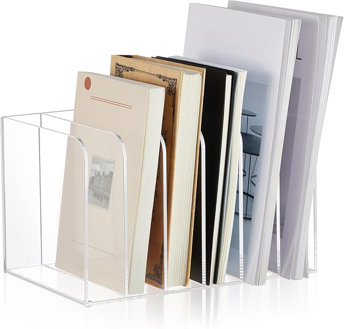 Suzile Clear Acrylic Magazine File Holder with Vertical Compartments Desk Organizer Book Rack for Desk Sorter Paper Folder Office Accessories (Classic,10.5 x 6.9 x 6.3 Inch)