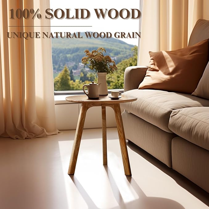 Round Side Table - 100% Natural Solid Oak Wood - 3 Legs Wood End Table for Living Room - Easy Assembly, Elegant Round End Table - Eco-Friendly Painted Small Side Table (Colour: Natural)
