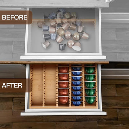 Bamboo Coffee Pod Storage Holder Drawer Insert K Cup Holder Pod Organizer Compatible with Nespresso Vertuo Vertuoline Capsules for Kitchen, Home, Office, Coffee Station Counter