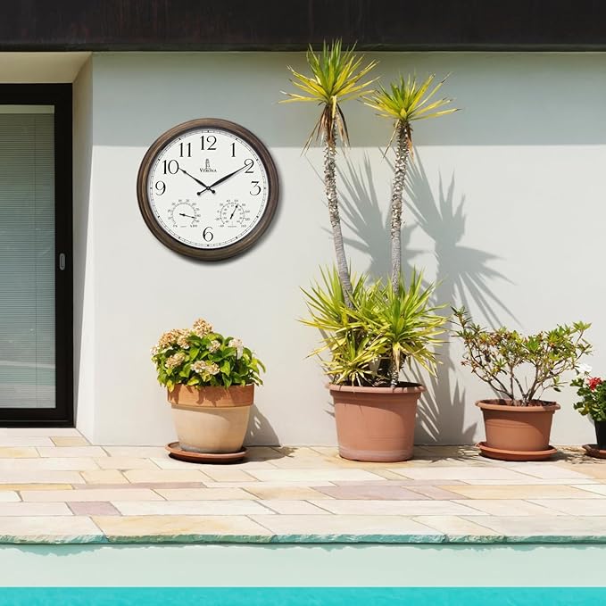 Outdoor Clocks for Patio Large Waterproof with Thermometer - 24 inch Indoor Outdoor Wall Clock with Temperature and Humidity Combo - Weatherproof, Accurate & Easy to Read for Pool, Garden & Home Decor
