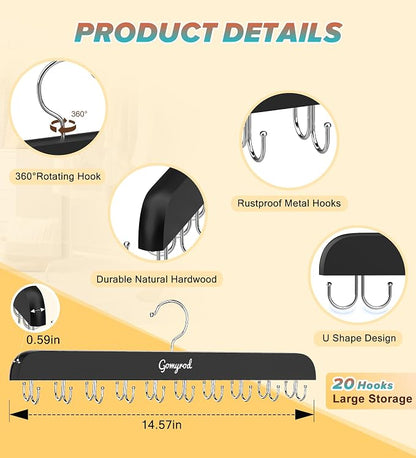 Gomyrod Bra Hanger for Closet, 2 Pack Tank Top Hangers w/20 Hooks Holds 40 Bras, Capacity Foldable Wood Space Saving Hanger, 360°Rotating Closet Organizers and Storage for Dorm & Apartment（Black）