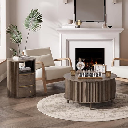 JOINICE Round Coffee Table and End Table Set,31.5" Mid Century Modern Living Room Furniture, Walnut Fluted Center Table with Storage & Matching Side Table for Small Space