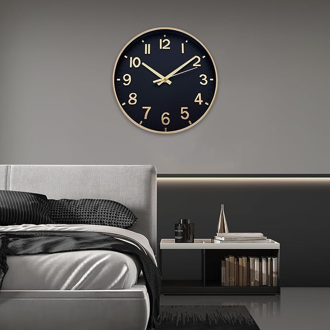 HZDHCLH Wall Clocks Battery Operated,Wall Clock Black Gold,14 inch Wall Clock Silent Non Ticking Modern 3D Numbers for Kitchen Bedroom Living Room Office Classroom Decor