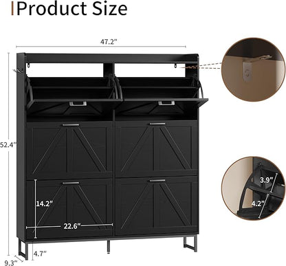 Shoe Cabinet with 6 Flip Drawers, Freestanding Hidden Shoe Storage Organizer for Entryway, Narrow Slim Shoe Rack Cabinet with Open Storage & Hooks for Front Door Entrance, Living Room, Hallway, Black